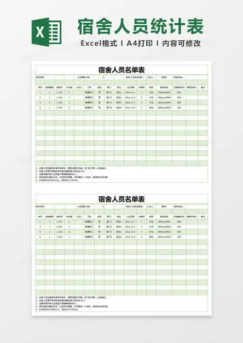 绿色简约宿舍人员名单表模版excel模板下载熊猫办公