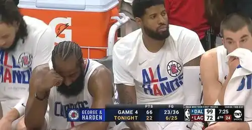 快船g5惨败哈登低头揉眼满脸失落个人近5场天王山场均仅11分